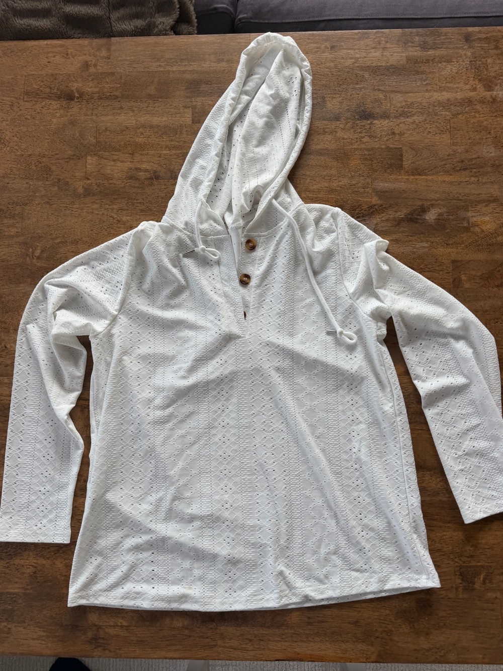 White Eyelet Hooded Tunic with Wooden Buttons